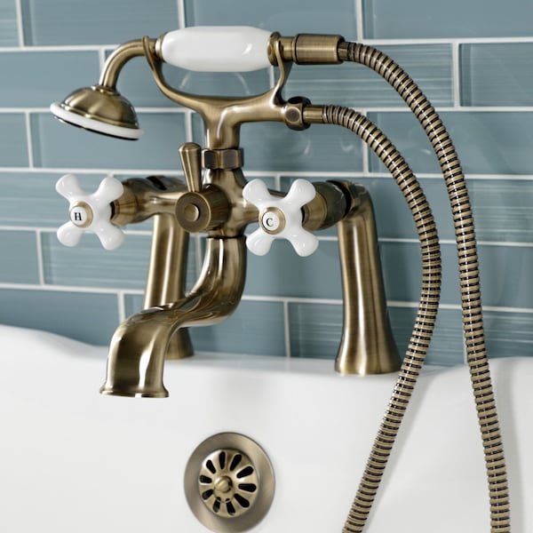 Deck Mount Clawfoot Tub Faucet With Hand Shower, Antique Brass